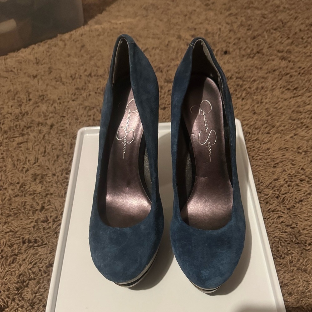 Jessica Simpson Blue Suede Heels Size 8 Minimalist Coastal Glam